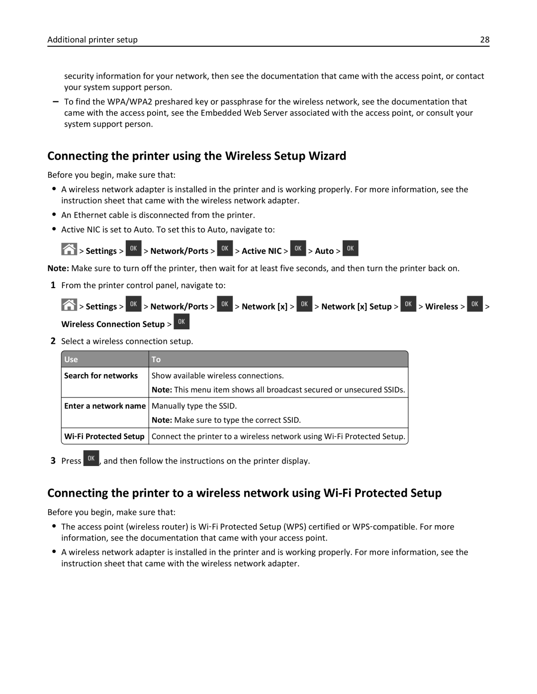 Lexmark CS410 manual Connecting the printer using the Wireless Setup Wizard, Settings Network/Ports Active NIC Auto 