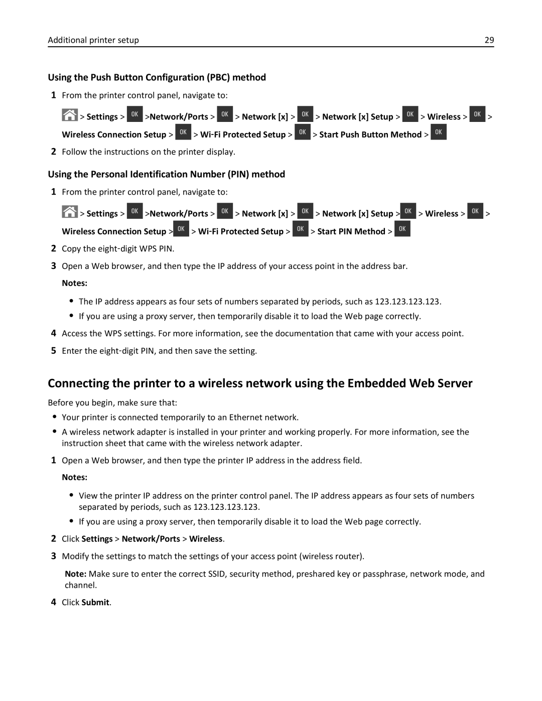 Lexmark CS410 manual Follow the instructions on the printer display, Click Settings Network/Ports Wireless 