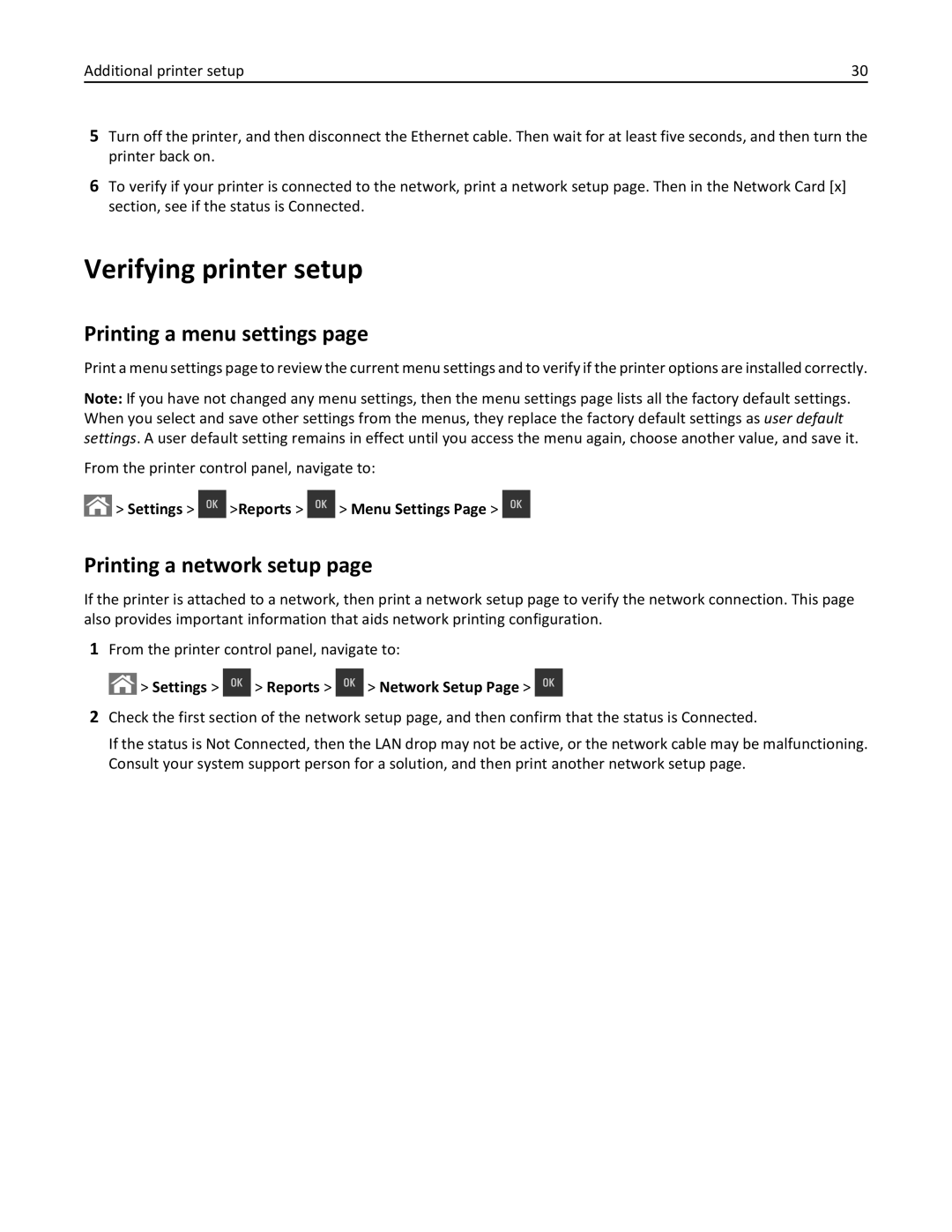 Lexmark CS410 Verifying printer setup, Printing a menu settings, Printing a network setup, Settings Reports Menu Settings 