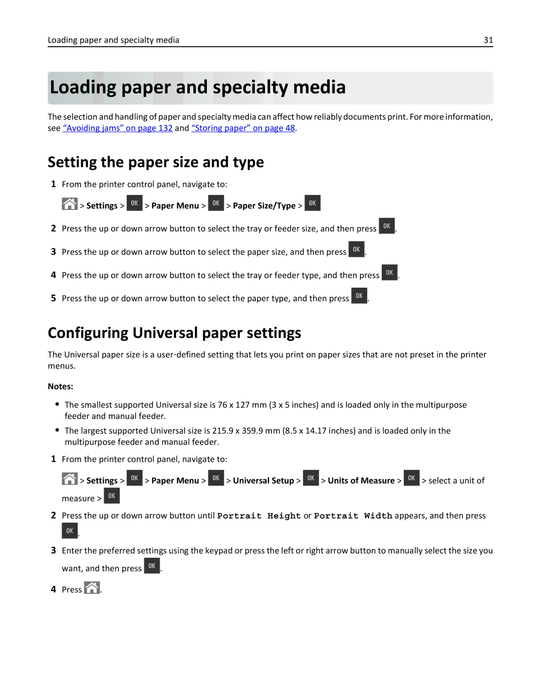 Lexmark CS410 Loading paper and specialty media, Setting the paper size and type, Configuring Universal paper settings 