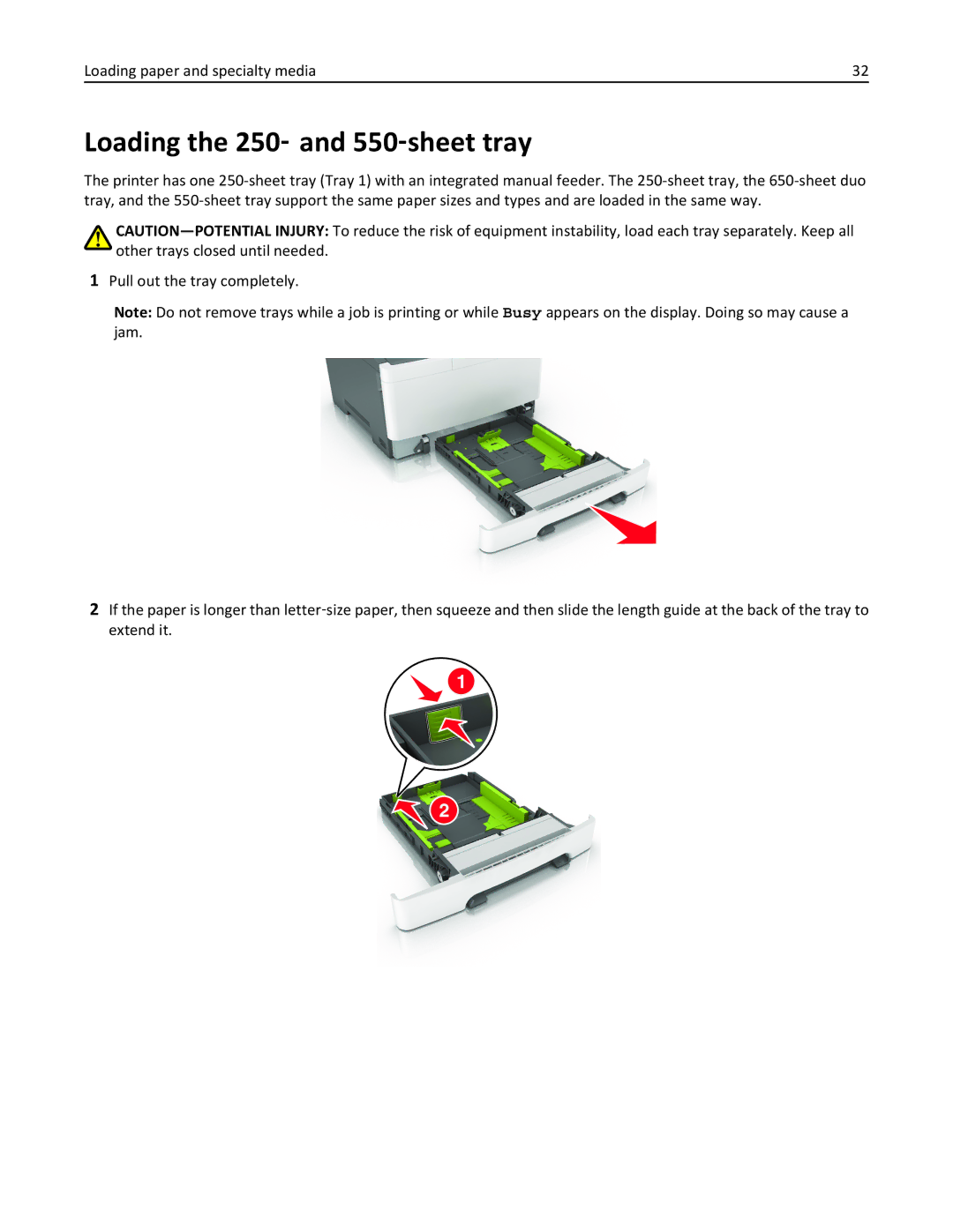 Lexmark CS410 manual Loading the 250‑ and 550‑sheet tray 