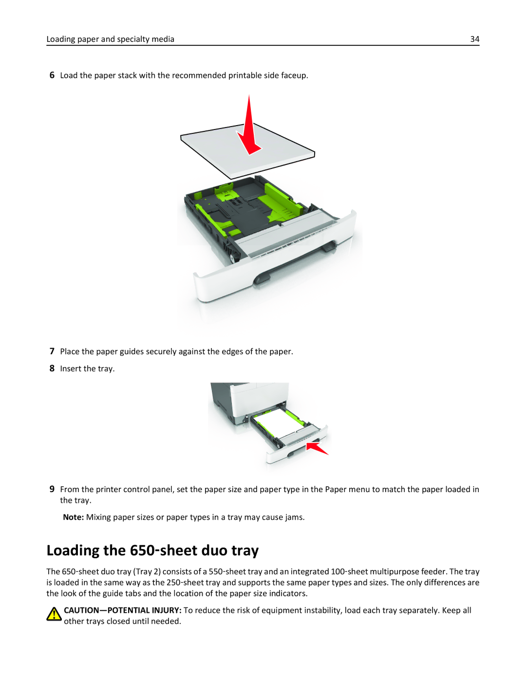 Lexmark CS410 manual Loading the 650‑sheet duo tray 