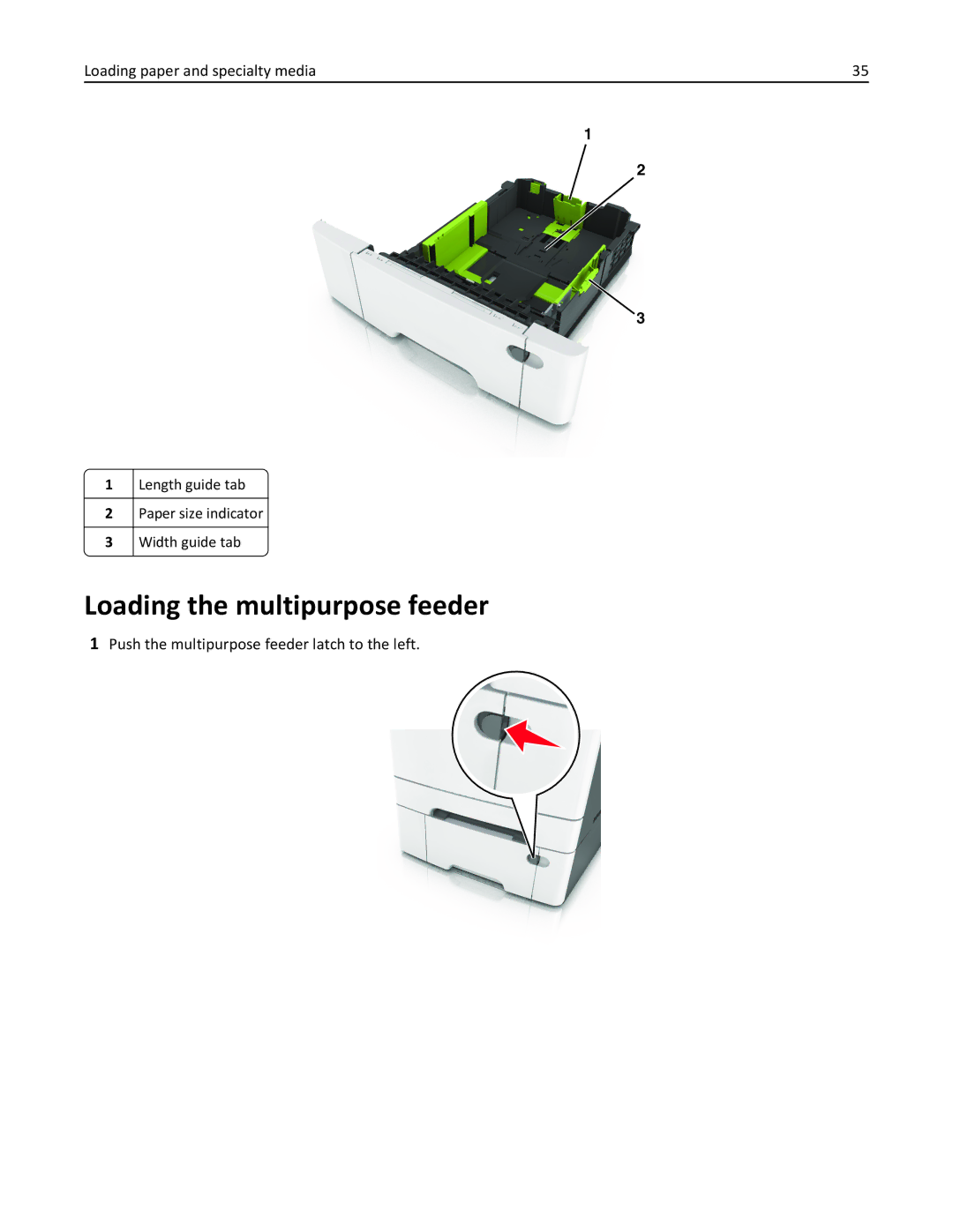 Lexmark CS410 manual Loading the multipurpose feeder, Push the multipurpose feeder latch to the left, Length guide tab 