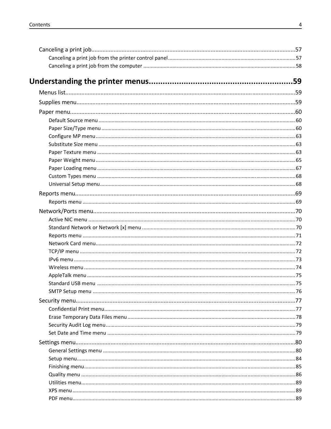 Lexmark CS410 manual Understanding the printer menus, Standard Network or Network x menu 