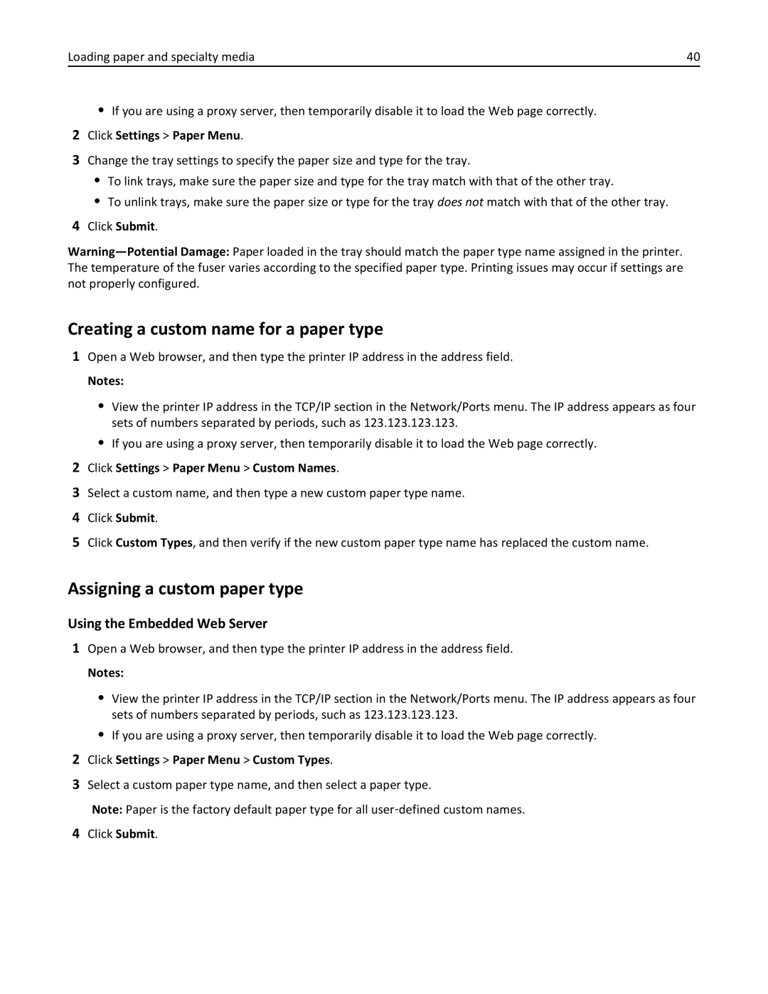 Lexmark CS410 manual Creating a custom name for a paper type, Assigning a custom paper type, Click Settings Paper Menu 