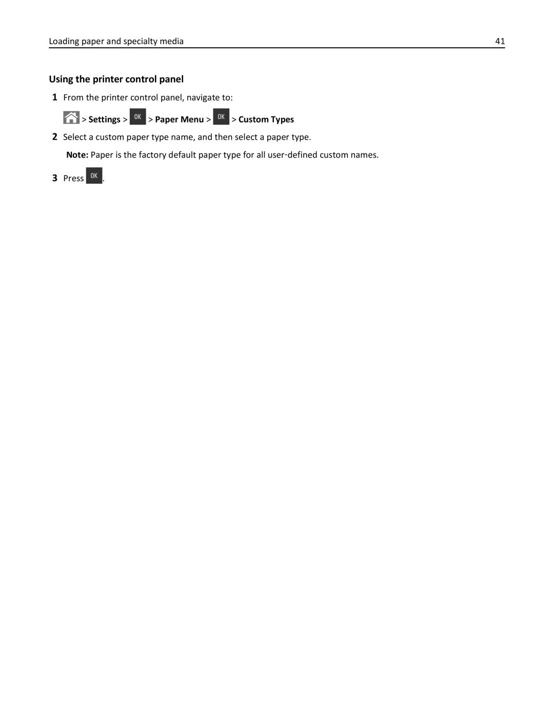 Lexmark CS410 manual Using the printer control panel, Settings Paper Menu Custom Types 