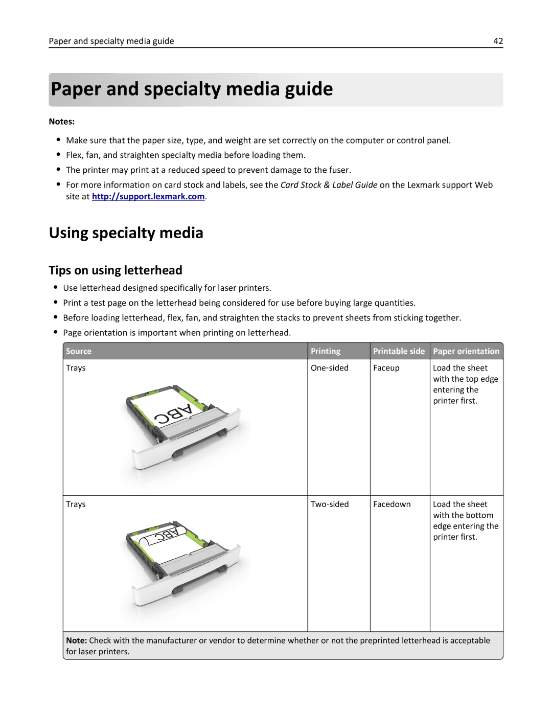 Lexmark CS410 manual Paper and specialty media guide, Using specialty media, Tips on using letterhead 