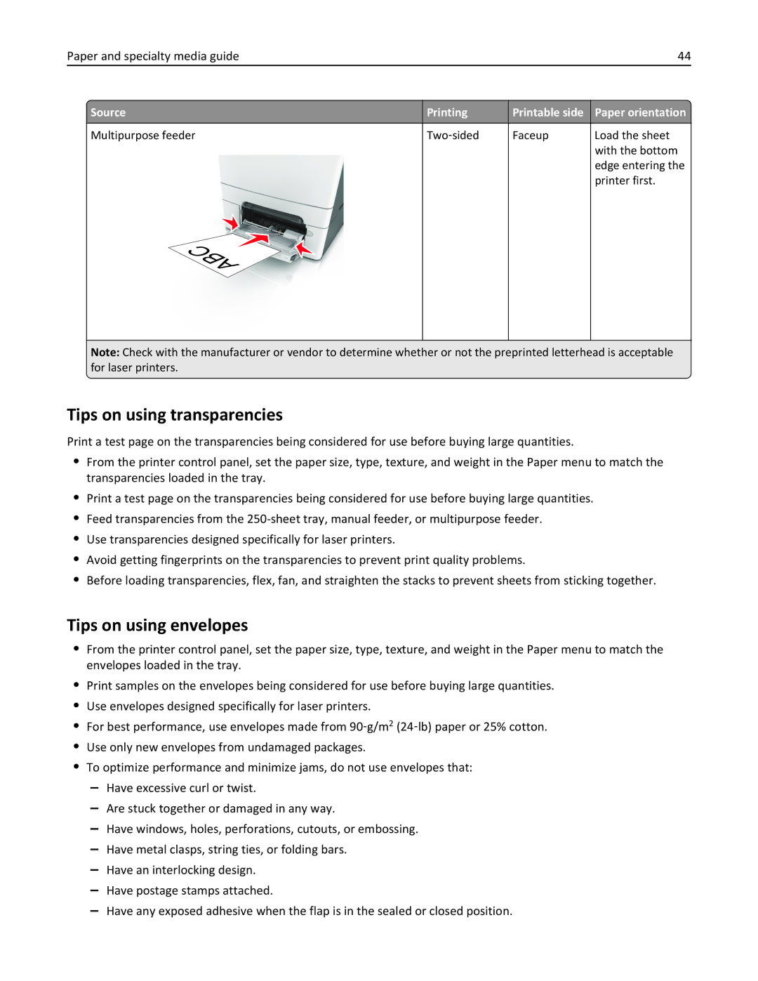 Lexmark CS410 manual Tips on using transparencies, Tips on using envelopes 