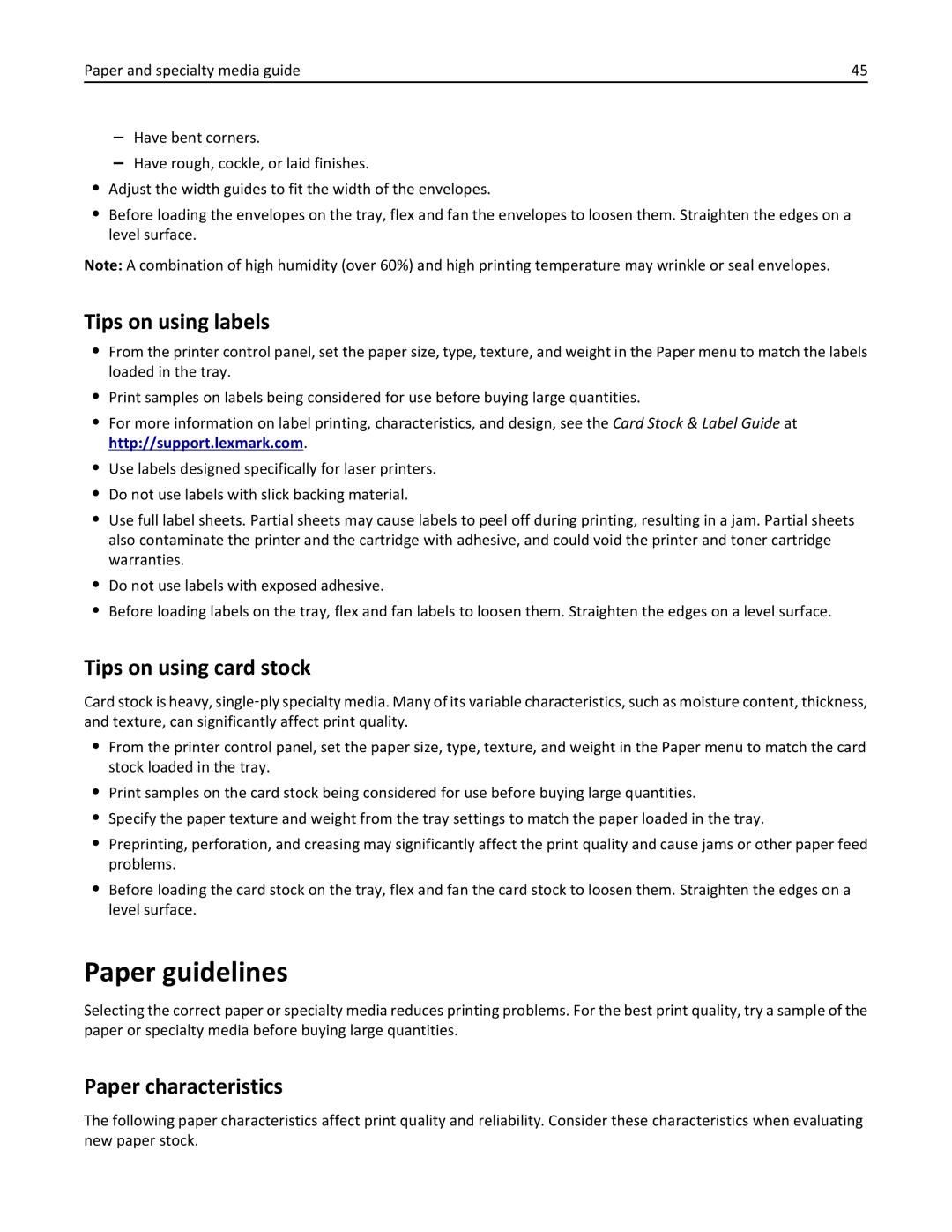 Lexmark CS410 manual Paper guidelines, Tips on using labels, Tips on using card stock, Paper characteristics 