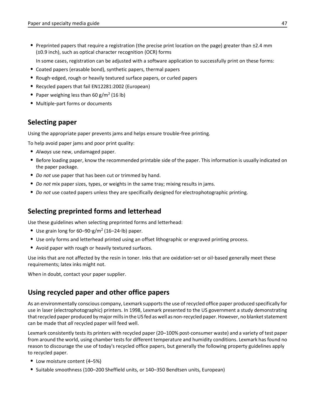 Lexmark CS410 Selecting paper, Selecting preprinted forms and letterhead, Using recycled paper and other office papers 