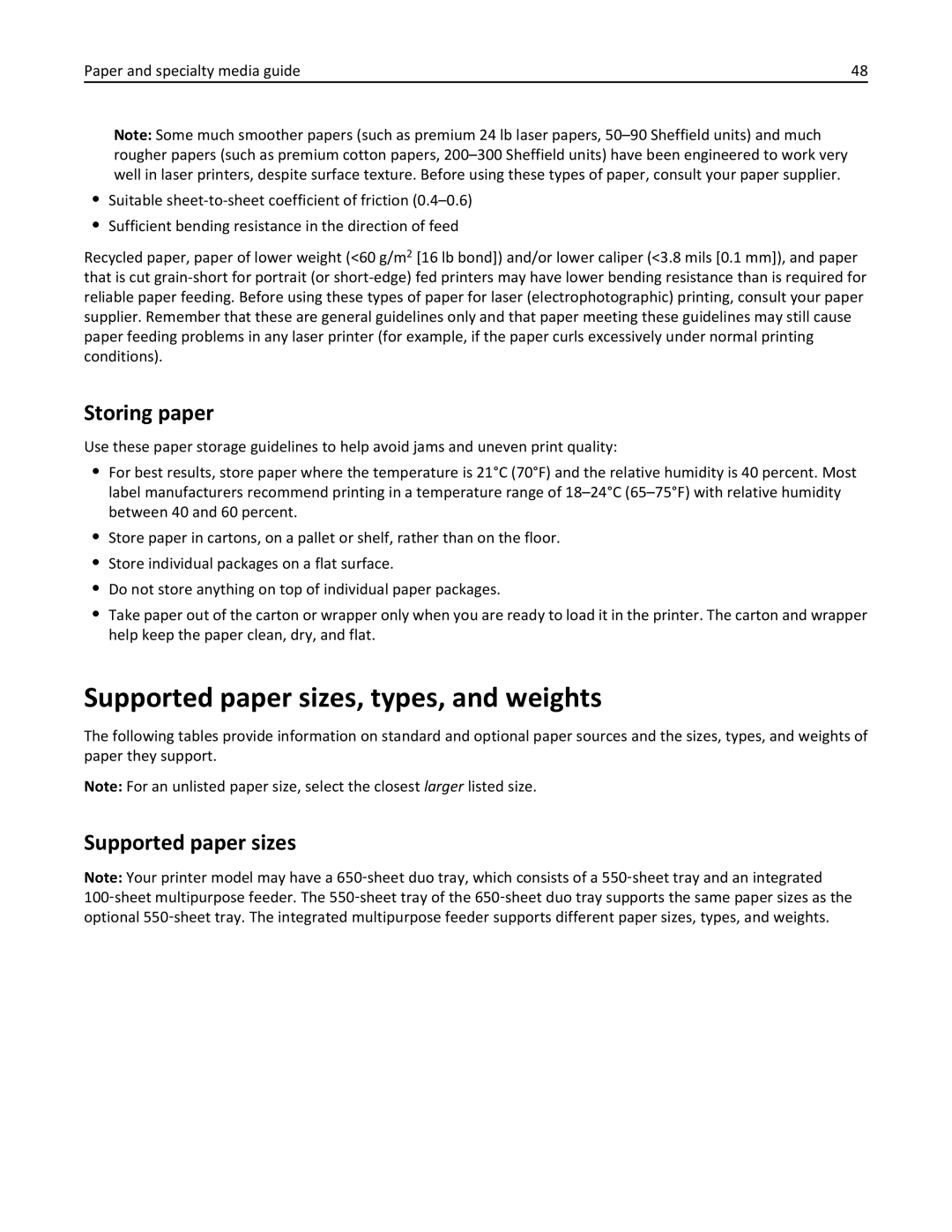 Lexmark CS410 manual Supported paper sizes, types, and weights, Storing paper 