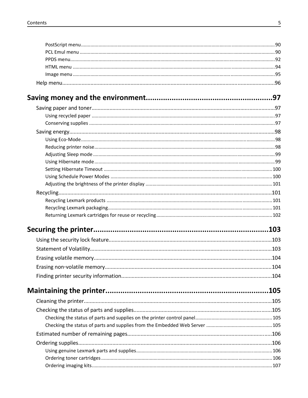 Lexmark CS410 manual Saving money and the environment, Securing the printer 103, Maintaining the printer 105 