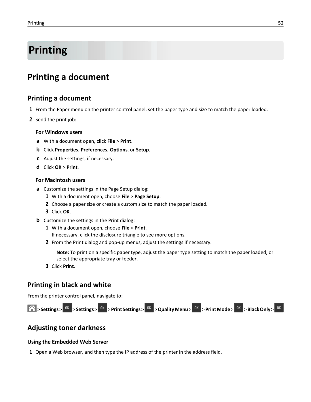 Lexmark CS410 manual Printing a document, Printing in black and white, Adjusting toner darkness 