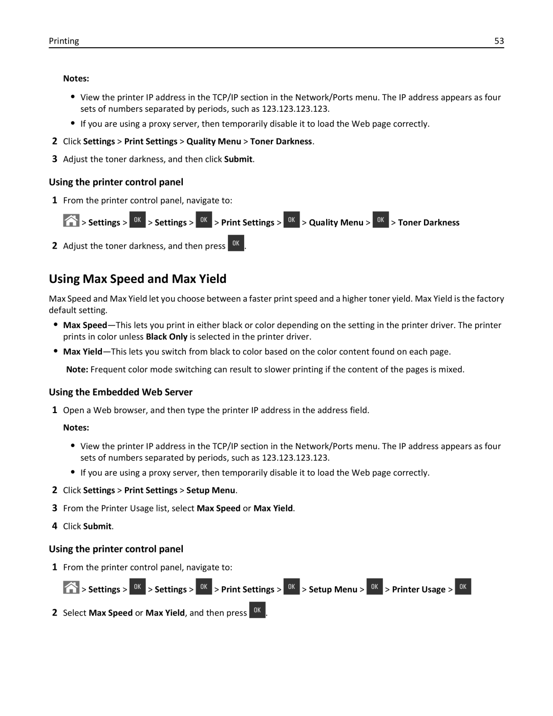 Lexmark CS410 manual Using Max Speed and Max Yield, Click Settings Print Settings Quality Menu Toner Darkness 