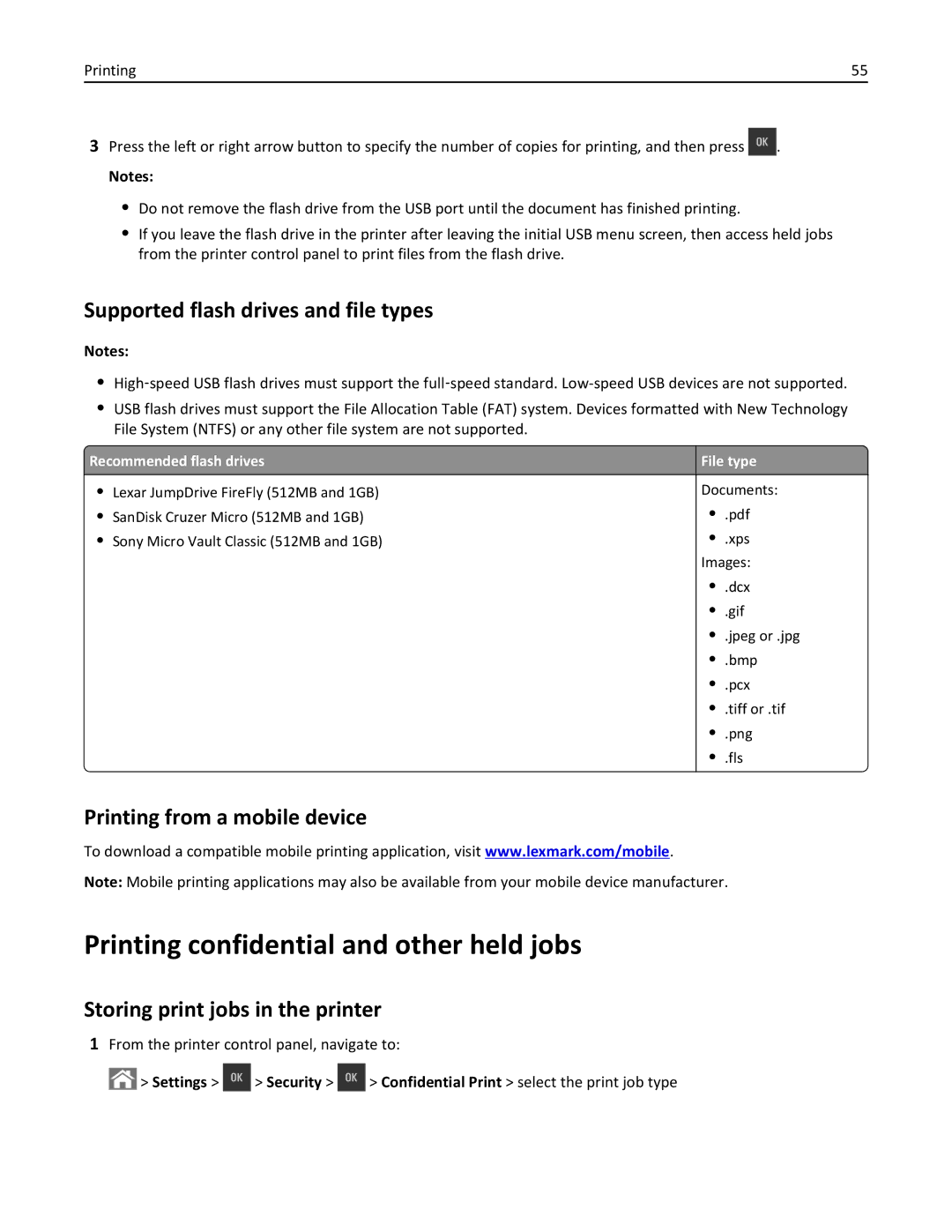 Lexmark CS410 manual Printing confidential and other held jobs, Supported flash drives and file types 