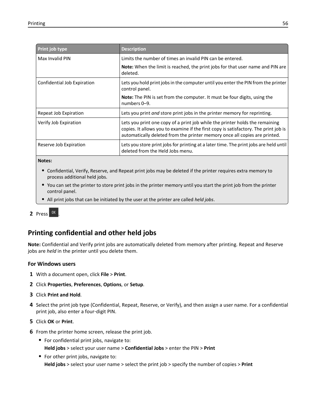 Lexmark CS410 manual Printing confidential and other held jobs, Print job type Description 