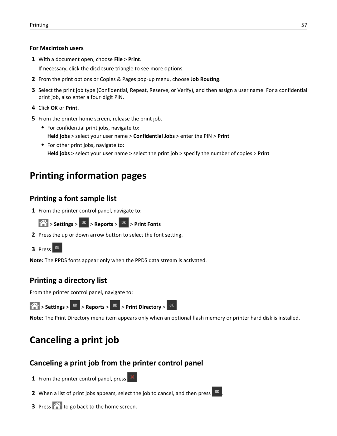 Lexmark CS410 Printing information pages, Canceling a print job, Printing a font sample list, Printing a directory list 