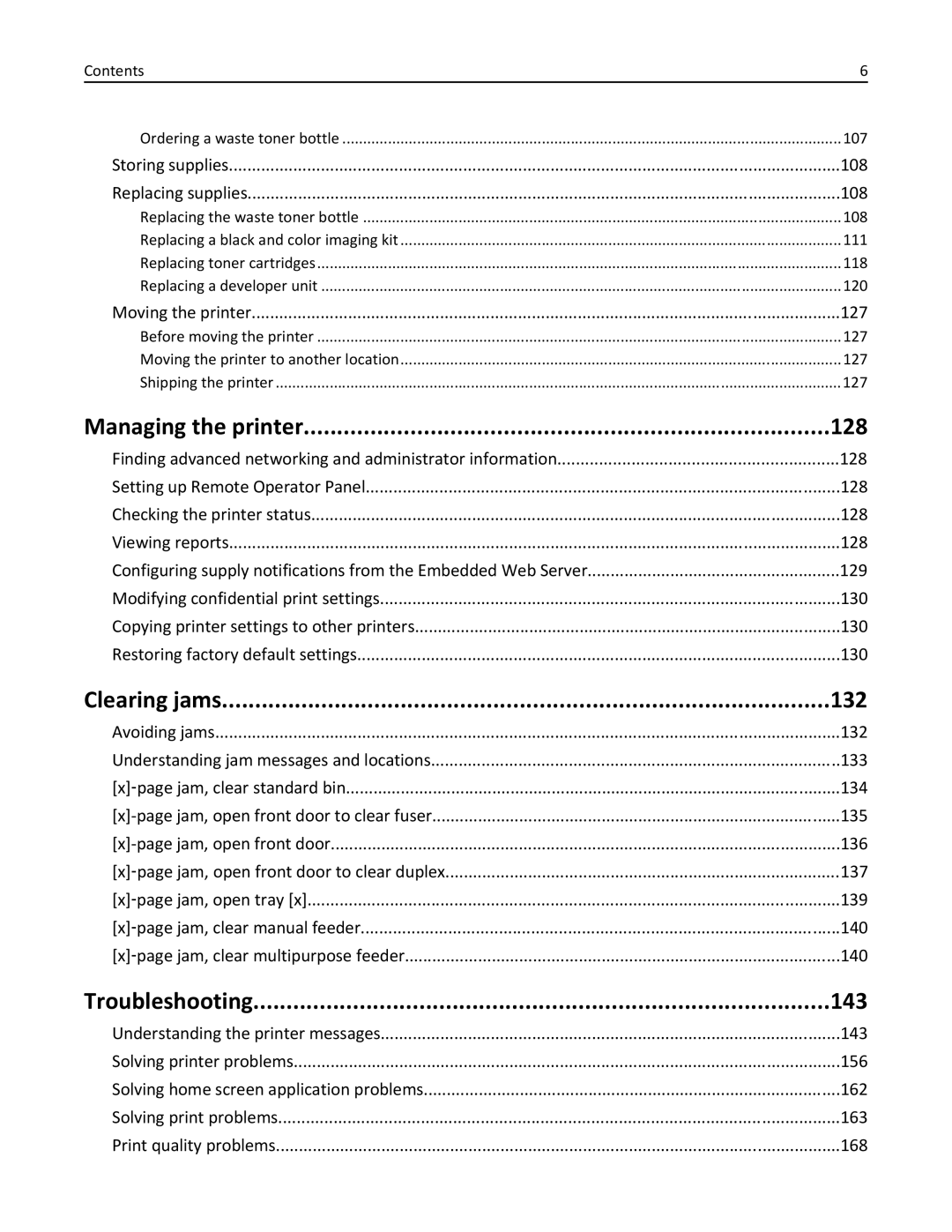 Lexmark CS410 manual Managing the printer 128, Clearing jams 132, Troubleshooting 143 