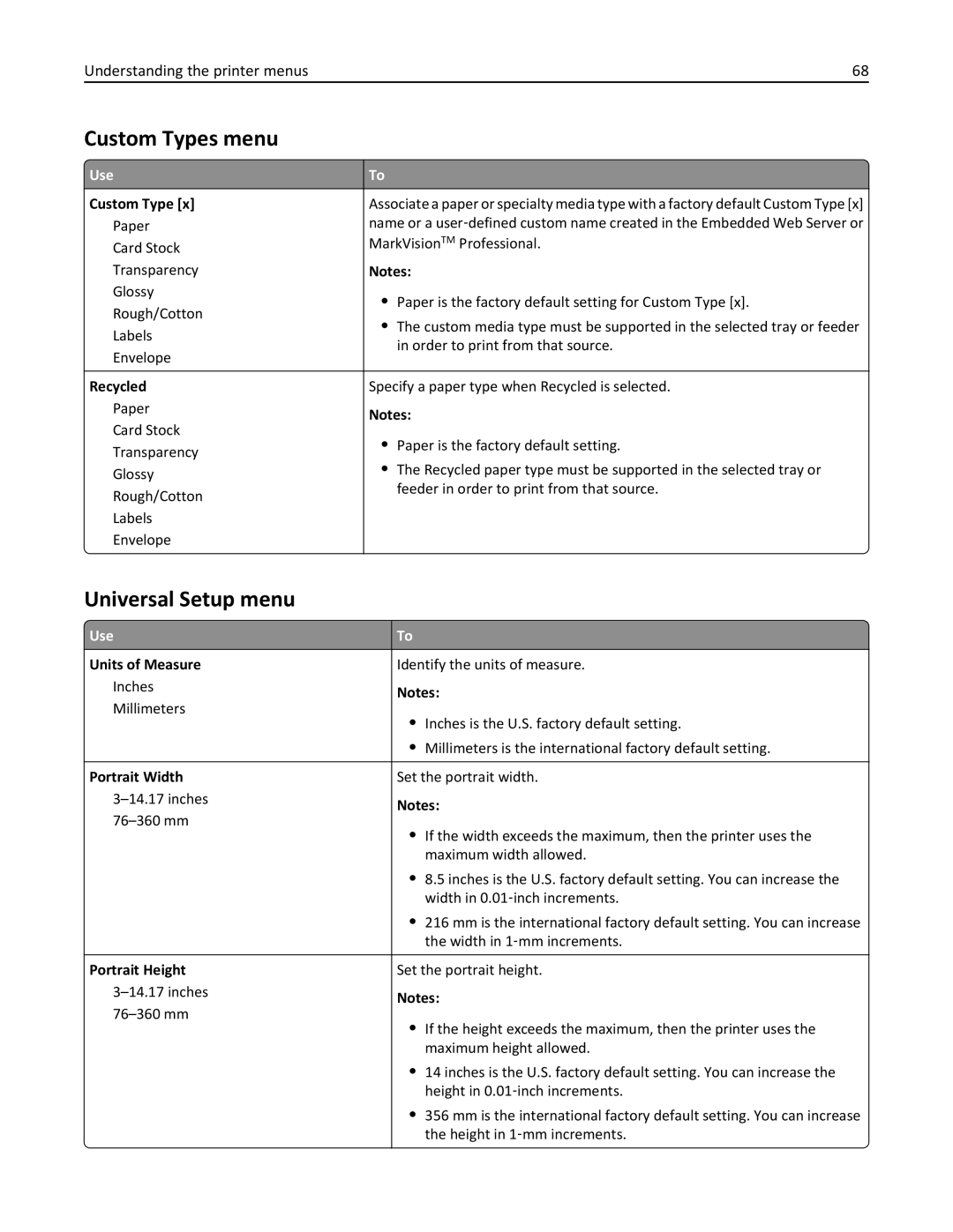 Lexmark CS410 manual Custom Types menu, Universal Setup menu, Units of Measure, Portrait Width, Portrait Height 