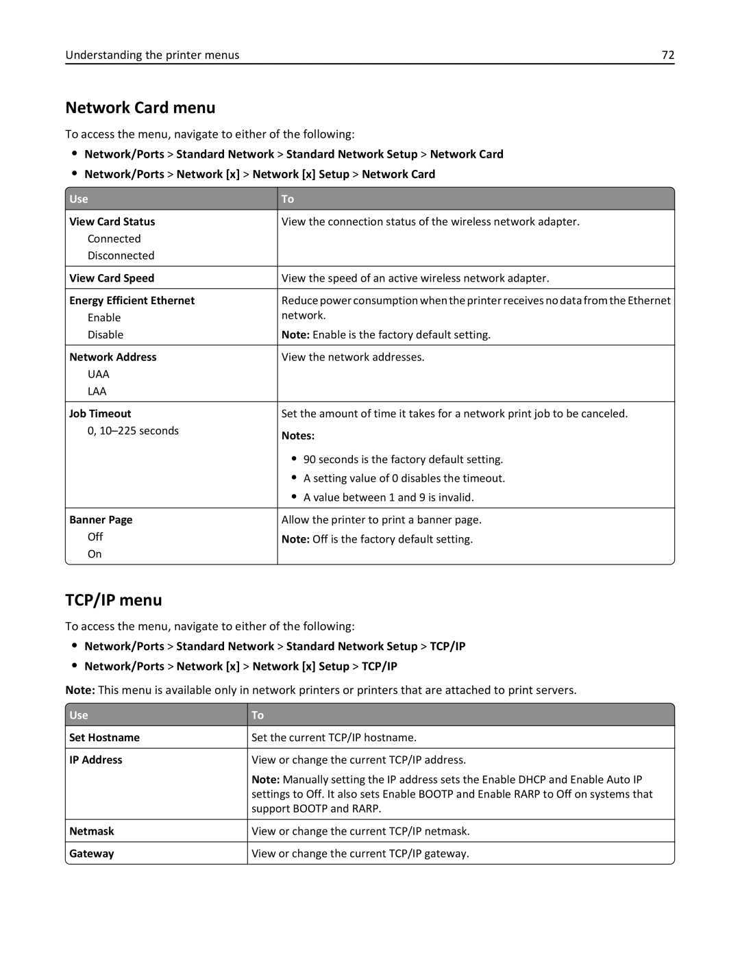 Lexmark CS410 manual Network Card menu, TCP/IP menu 