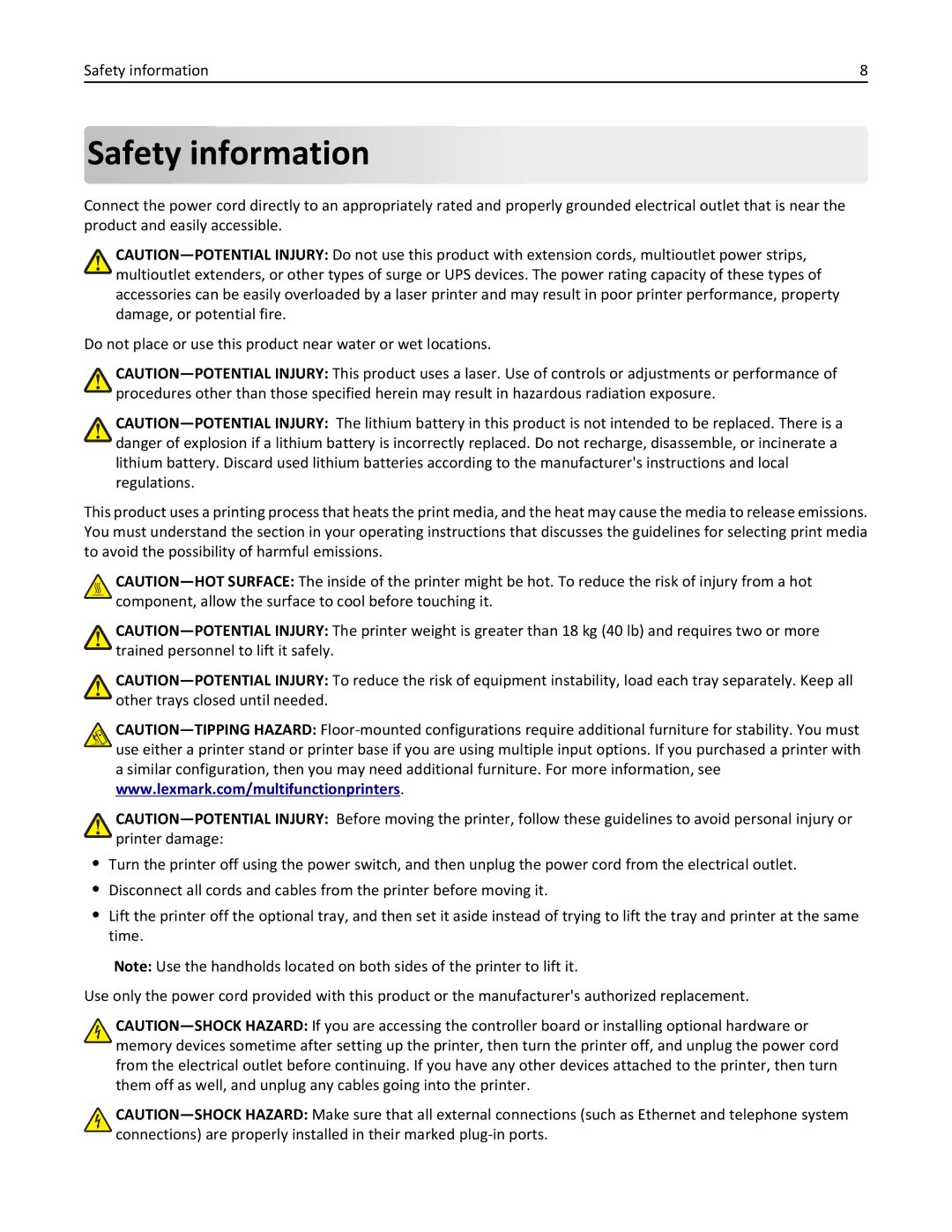 Lexmark CS410 manual Safety information 