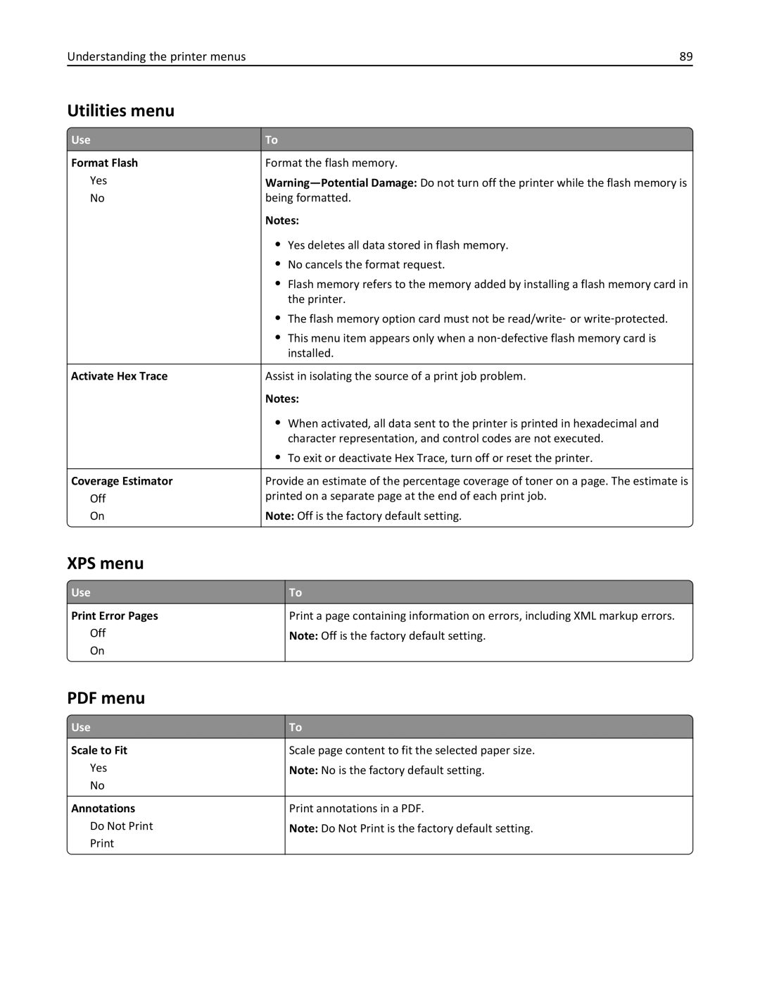 Lexmark CS410 manual Utilities menu, XPS menu 