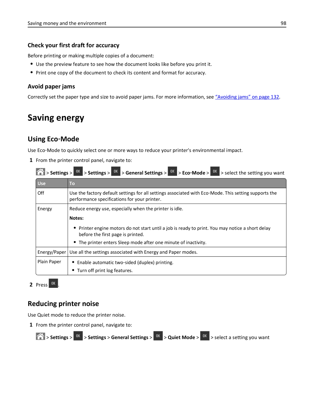 Lexmark CS410 Saving energy, Using Eco‑Mode, Reducing printer noise, Check your first draft for accuracy, Avoid paper jams 