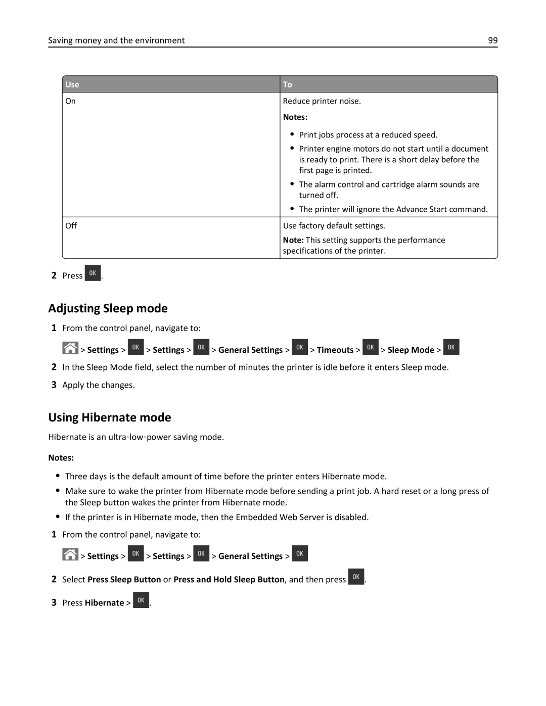 Lexmark CS410 manual Adjusting Sleep mode, Using Hibernate mode, From the control panel, navigate to 