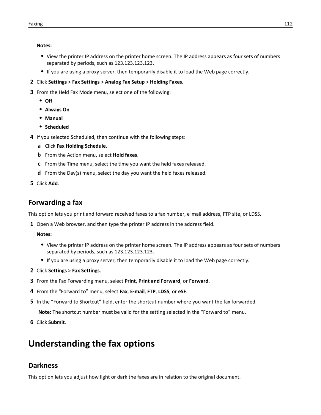 Lexmark CX410 Understanding the fax options, Forwarding a fax, Click Settings Fax Settings Analog Fax Setup Holding Faxes 