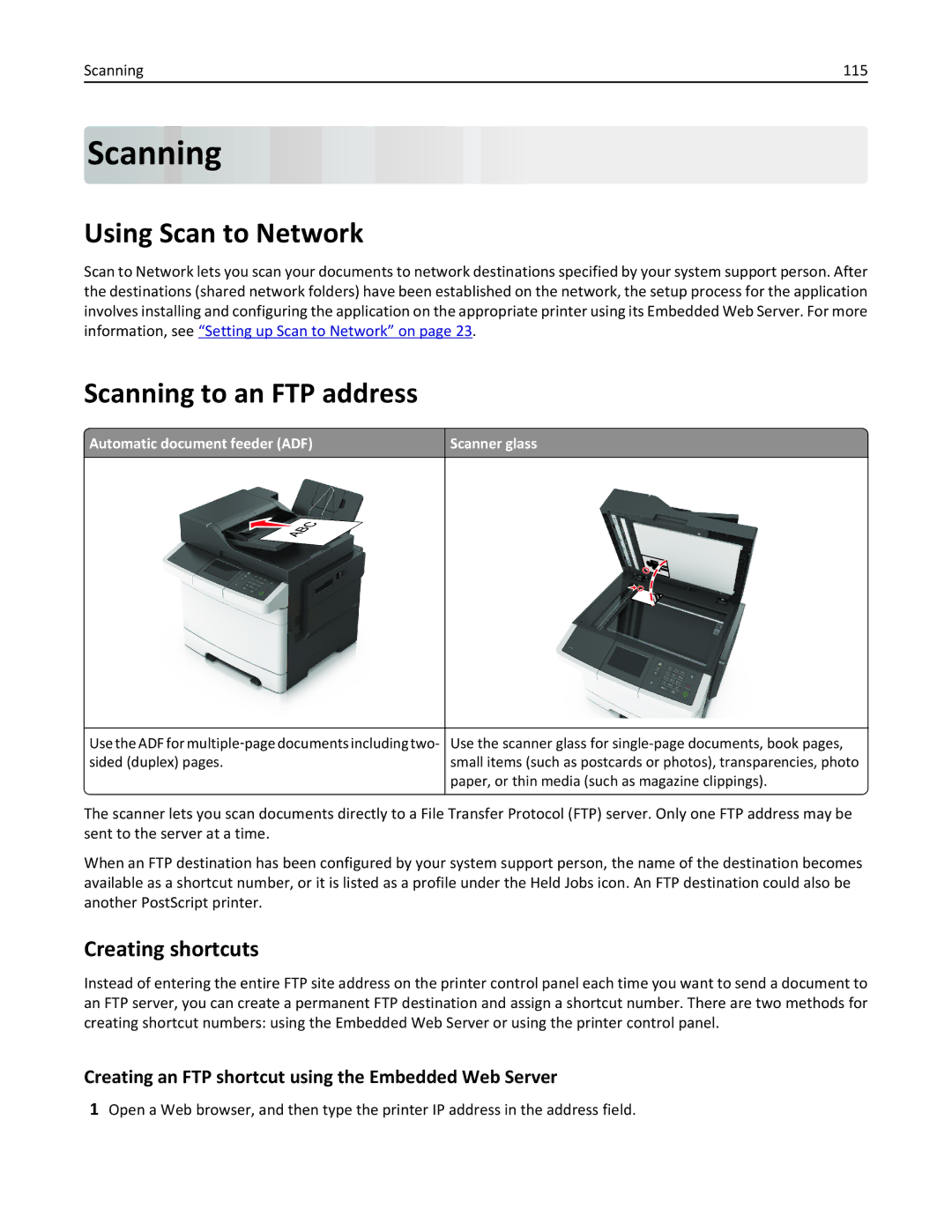 Lexmark CX410 manual Using Scan to Network, Scanning to an FTP address, Creating shortcuts 