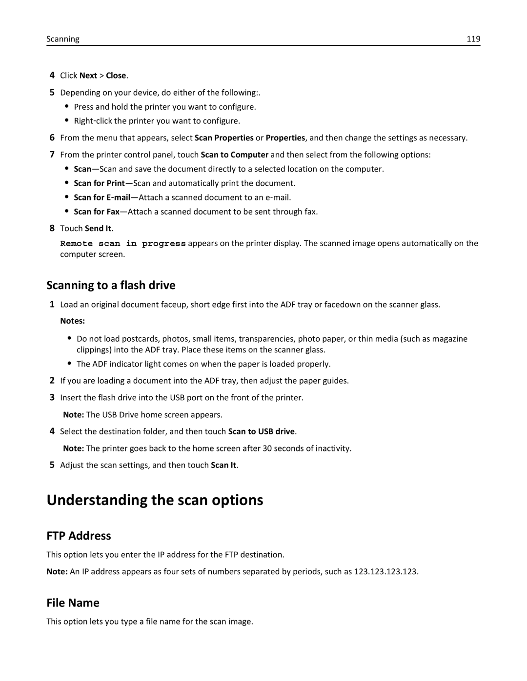 Lexmark CX410 manual Understanding the scan options, Scanning to a flash drive, FTP Address, Click Next Close 