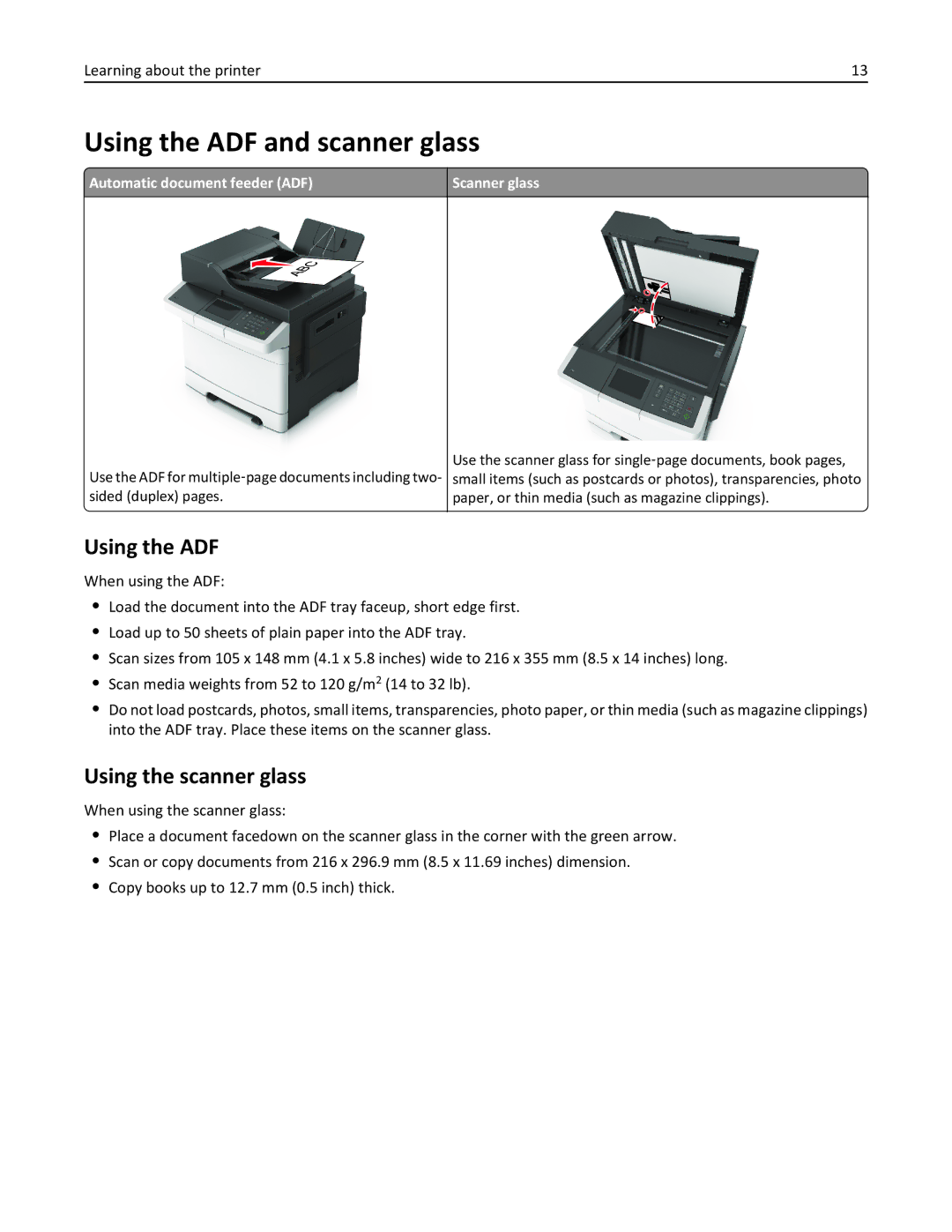 Lexmark CX410 manual Using the ADF and scanner glass, Using the scanner glass, Automatic document feeder ADF Scanner glass 