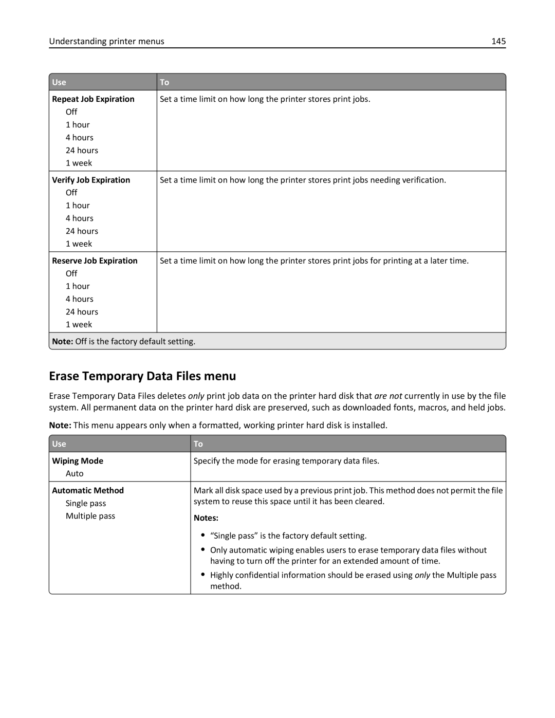 Lexmark CX410 manual Erase Temporary Data Files menu, Understanding printer menus 145 