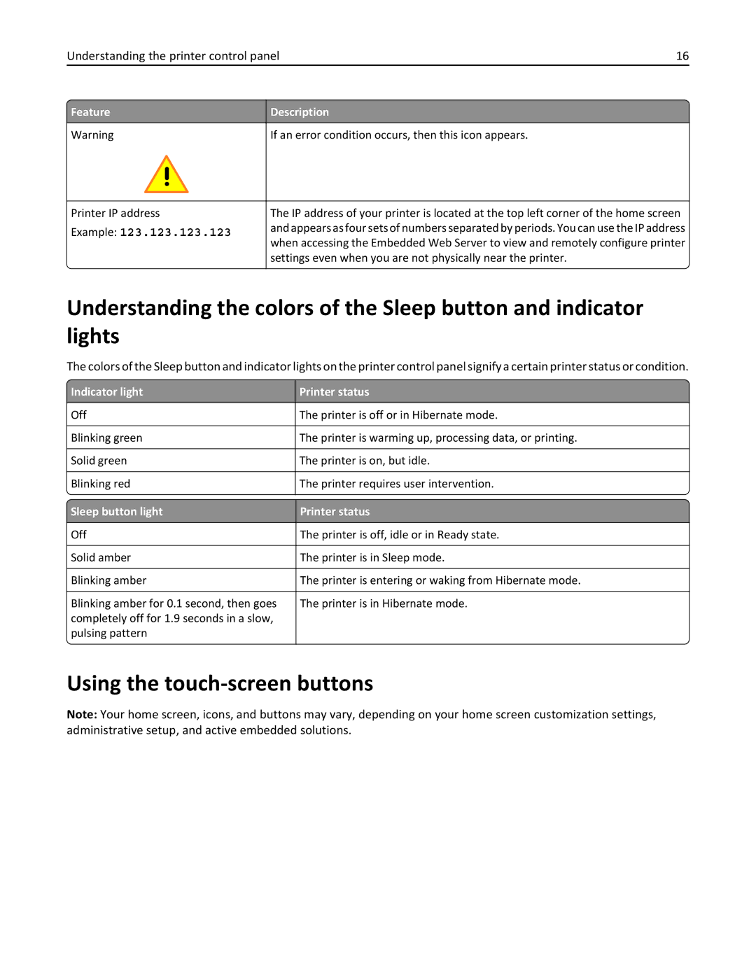 Lexmark CX410 manual Using the touch-screen buttons, Indicator light Printer status, Sleep button light Printer status 