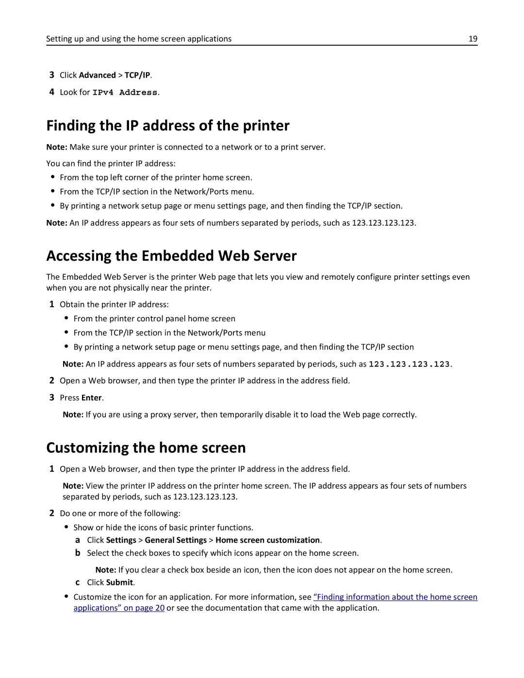 Lexmark CX410 manual Finding the IP address of the printer, Accessing the Embedded Web Server, Customizing the home screen 