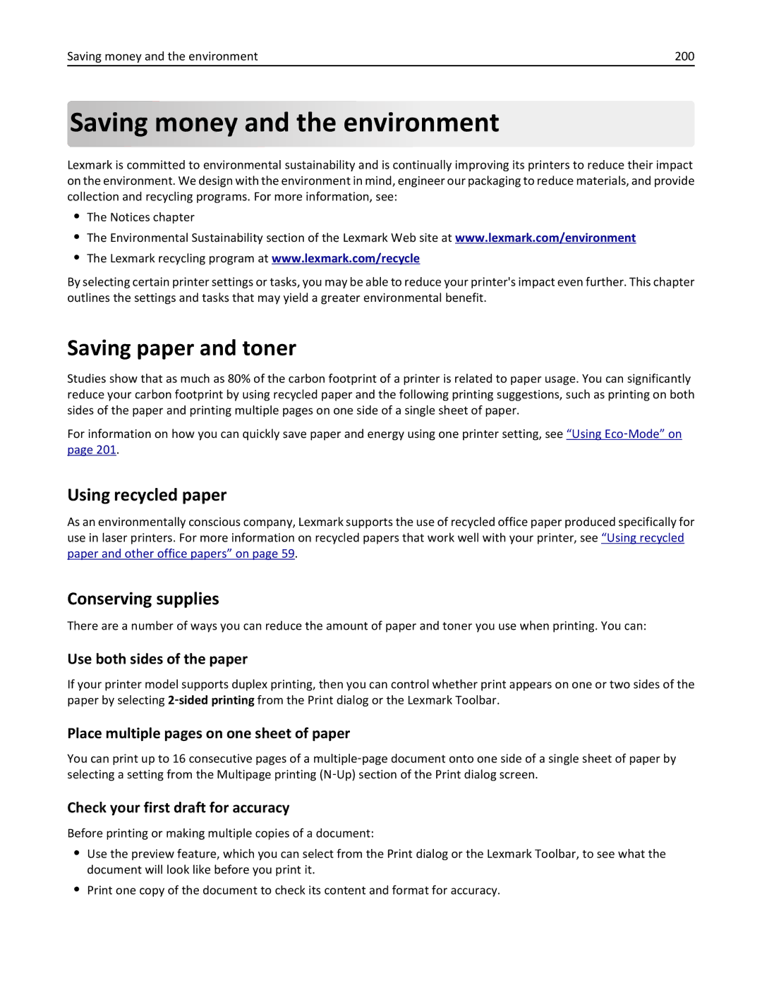 Lexmark CX410 manual Saving money and the environment, Saving paper and toner, Using recycled paper, Conserving supplies 