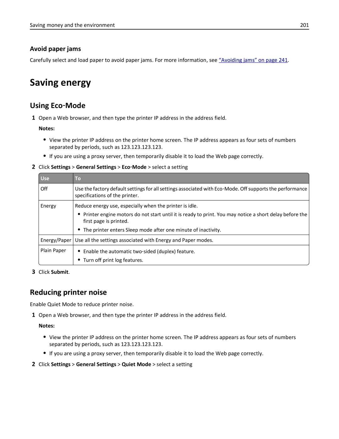 Lexmark CX410 manual Saving energy, Using Eco‑Mode, Reducing printer noise, Avoid paper jams 