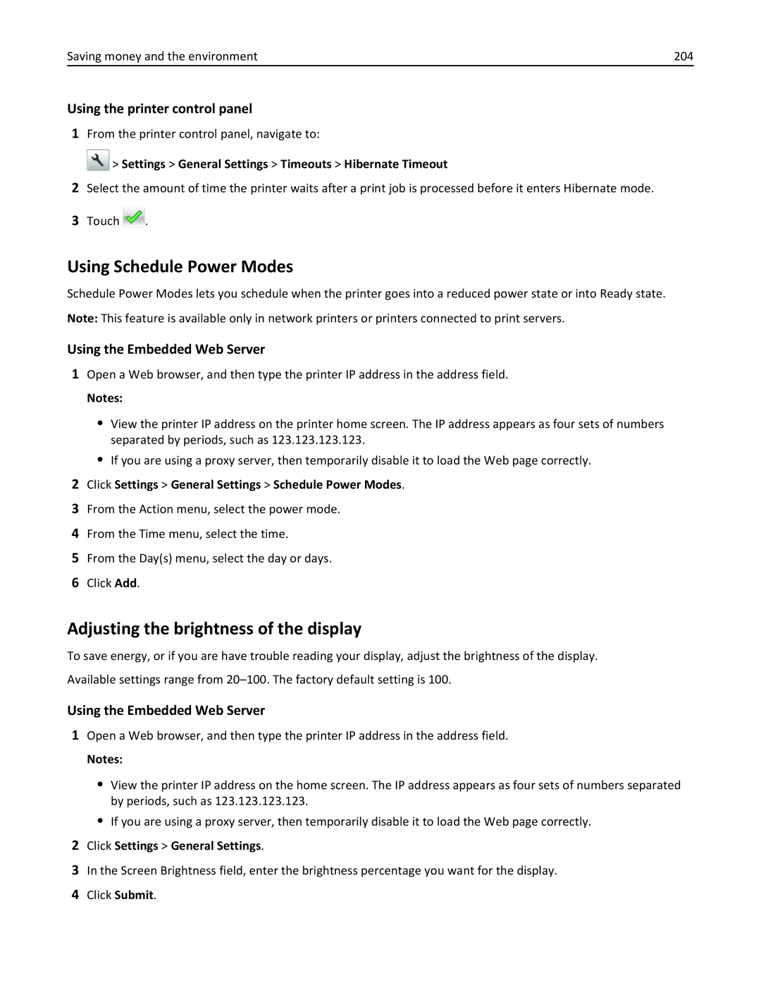 Lexmark CX410 manual Using Schedule Power Modes, Adjusting the brightness of the display, Click Settings General Settings 