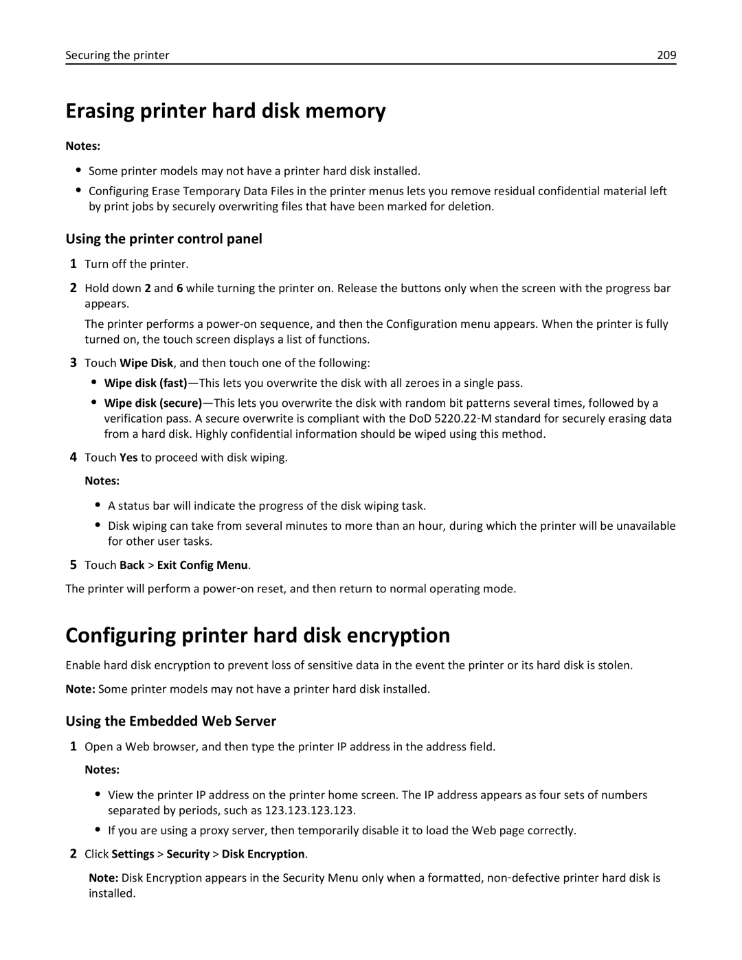 Lexmark CX410 Erasing printer hard disk memory, Configuring printer hard disk encryption, Using the printer control panel 