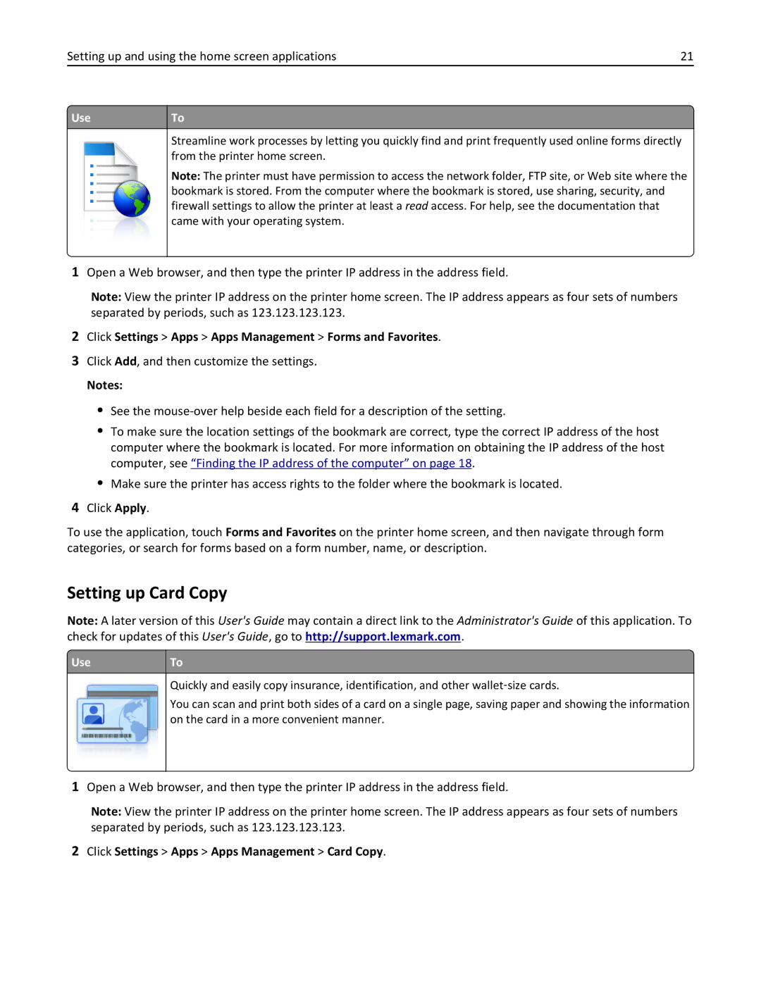 Lexmark CX410 manual Setting up Card Copy, Click Settings Apps Apps Management Forms and Favorites 