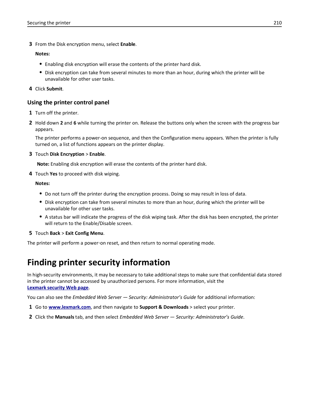 Lexmark CX410 manual Finding printer security information, Touch Disk Encryption Enable 