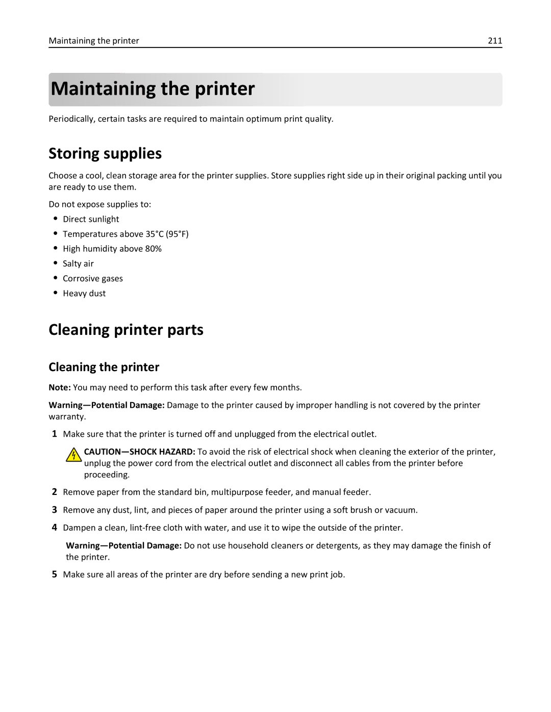 Lexmark CX410 manual Maintaining the printer, Storing supplies, Cleaning printer parts, Cleaning the printer 