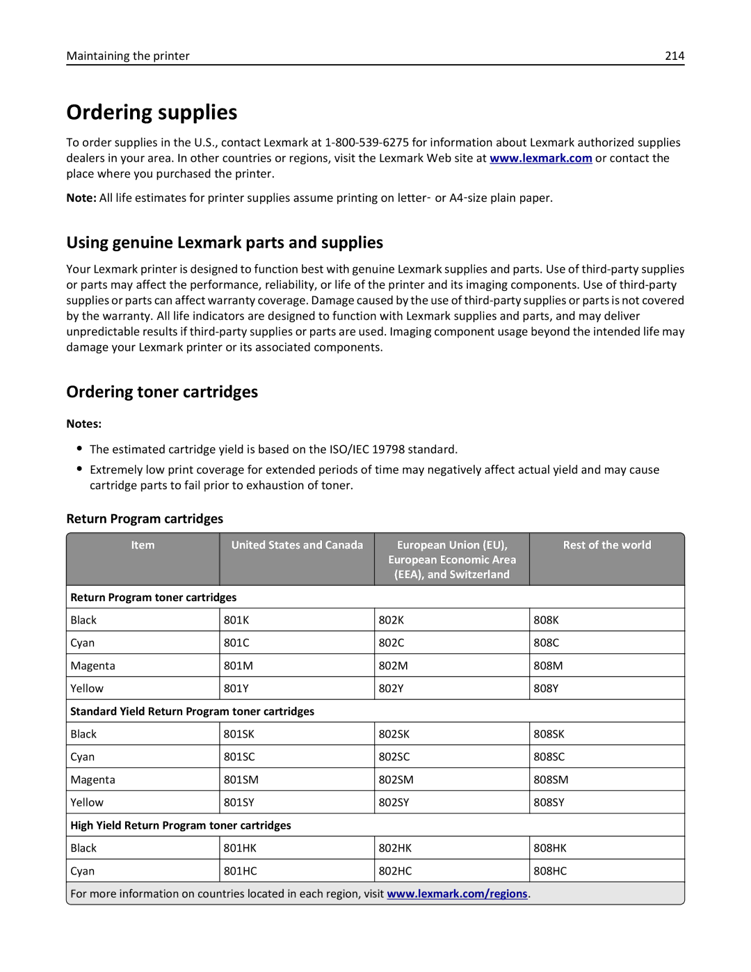 Lexmark CX410 manual Ordering supplies, Using genuine Lexmark parts and supplies, Ordering toner cartridges 