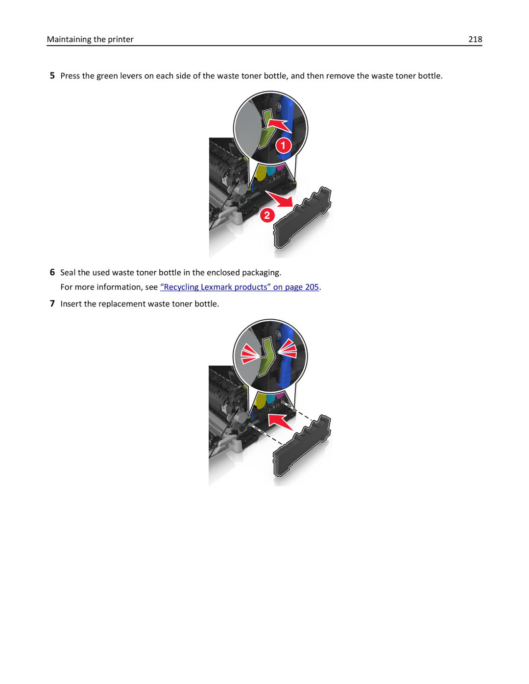 Lexmark CX410 manual For more information, see Recycling Lexmark products on, Insert the replacement waste toner bottle 