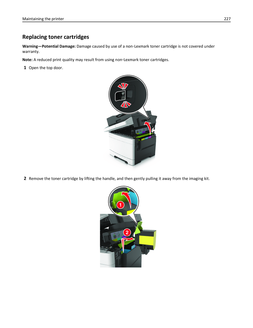 Lexmark CX410 manual Replacing toner cartridges, Maintaining the printer 227 