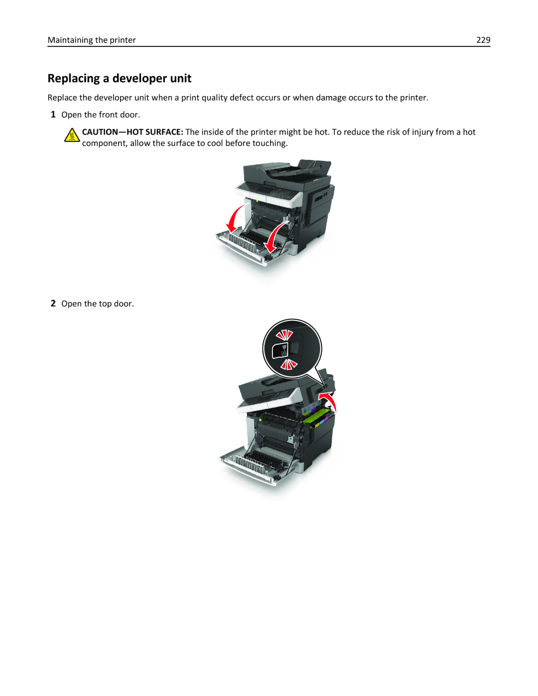 Lexmark CX410 manual Replacing a developer unit, Maintaining the printer 229 