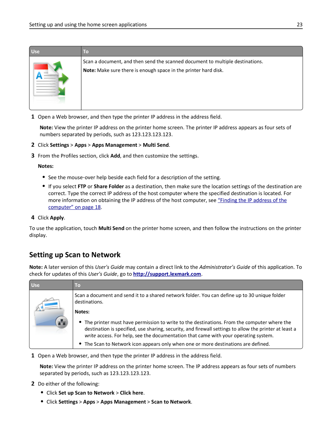 Lexmark CX410 manual Setting up Scan to Network, Click Settings Apps Apps Management Multi Send, UseTo 