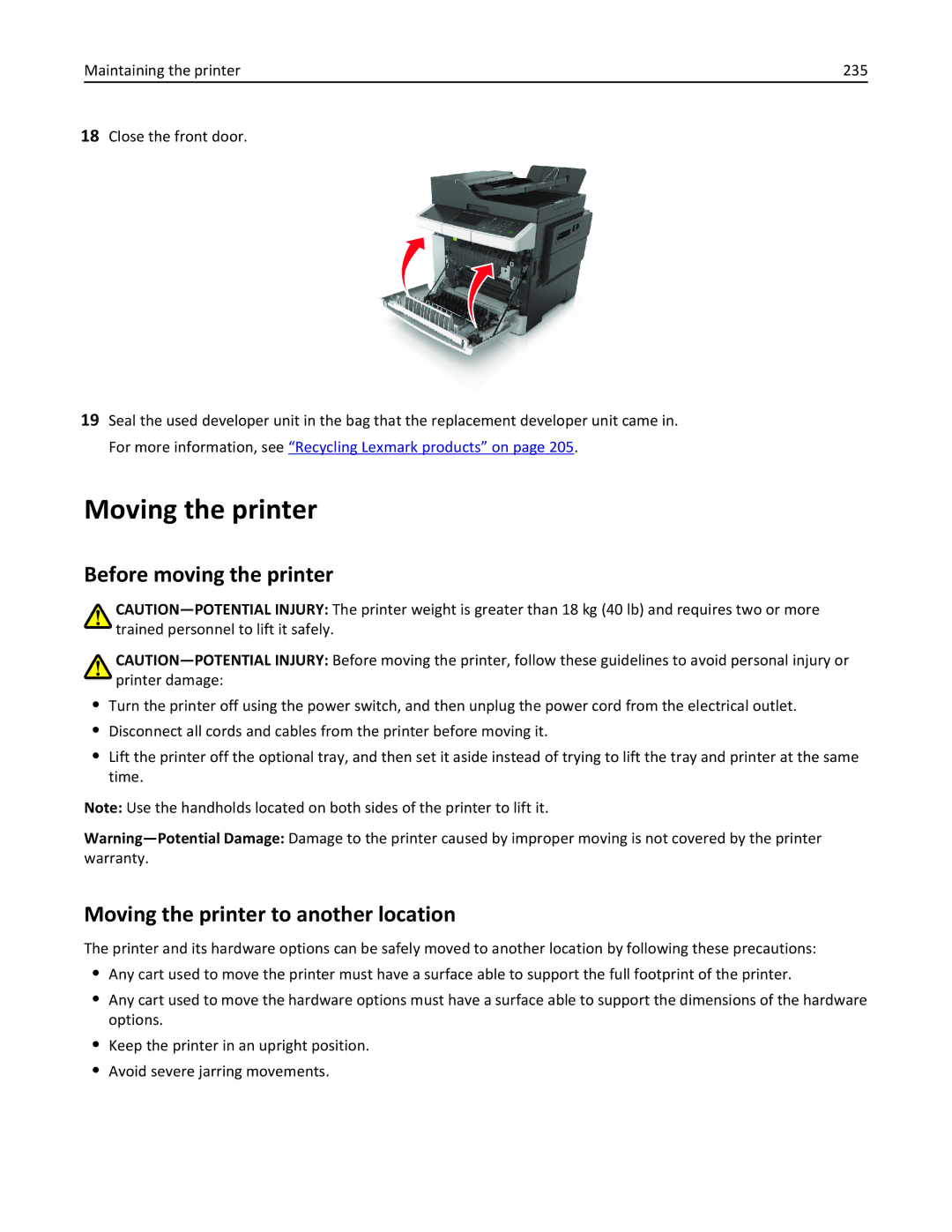 Lexmark CX410 manual Before moving the printer, Moving the printer to another location 