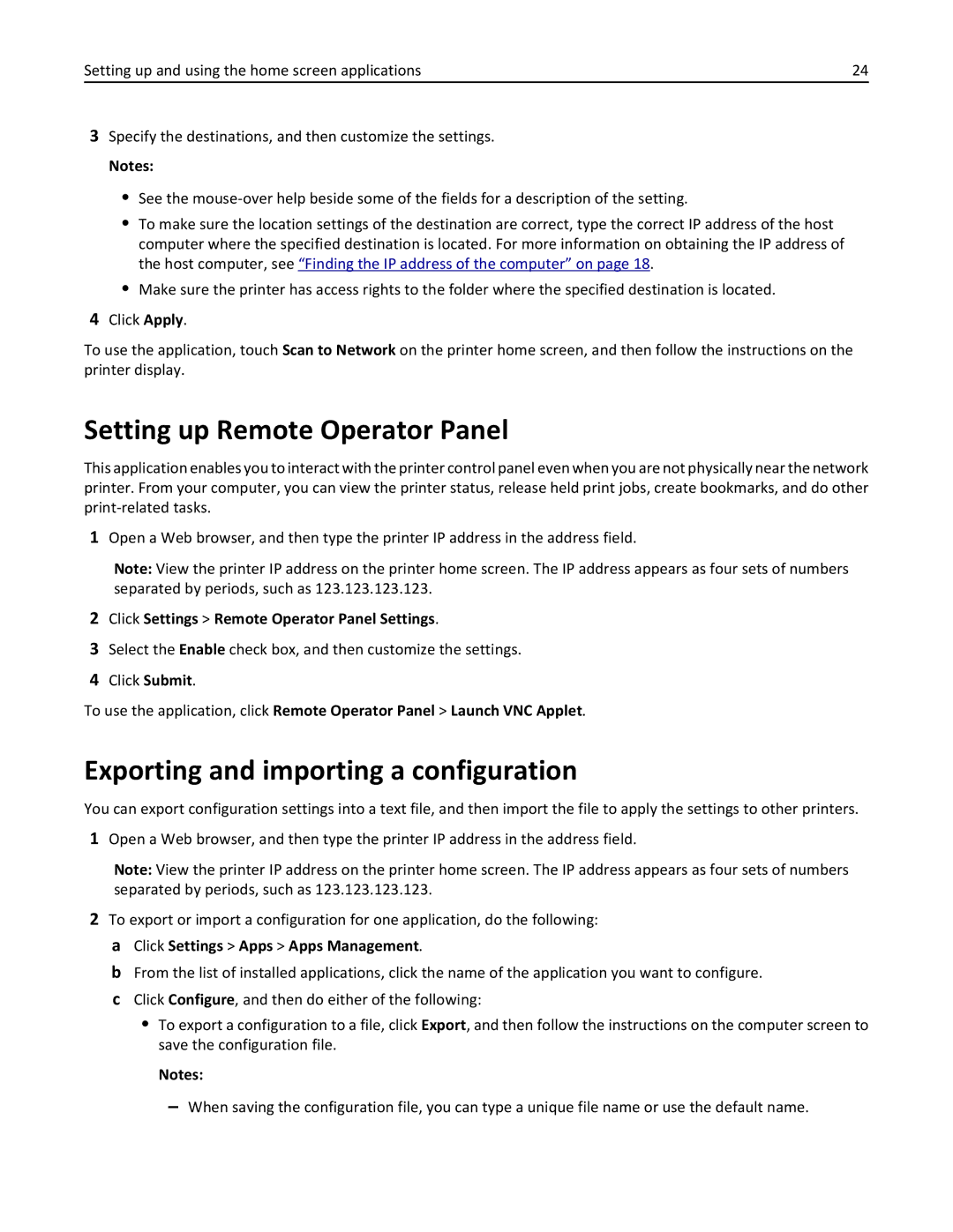 Lexmark CX410 manual Setting up Remote Operator Panel, Exporting and importing a configuration 