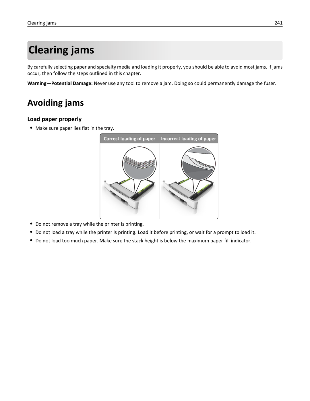 Lexmark CX410 manual Avoiding jams, Load paper properly, Clearing jams 241, Make sure paper lies flat in the tray 